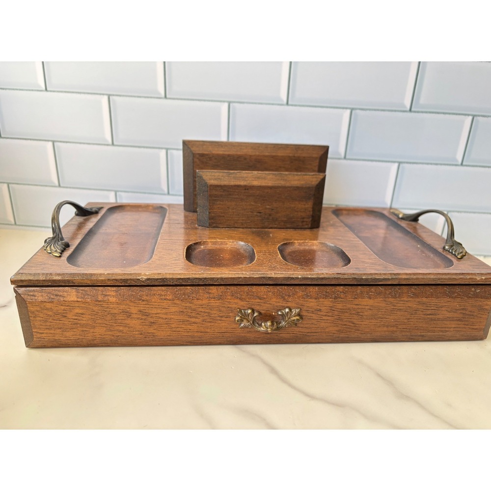 Vintage 1971 Royal London Wood Valet Box Jewelry Organizer Desk Caddy Japan Red